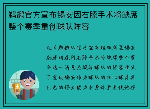 鹈鹕官方宣布锡安因右膝手术将缺席整个赛季重创球队阵容
