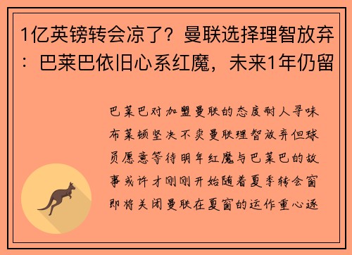 1亿英镑转会凉了？曼联选择理智放弃：巴莱巴依旧心系红魔，未来1年仍留悬念